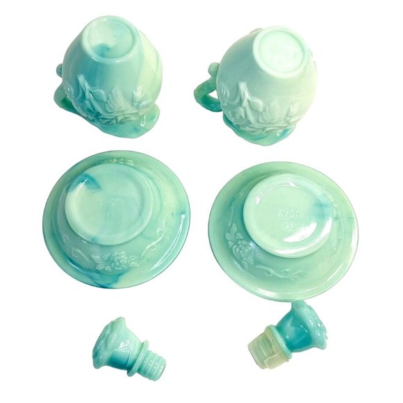 Avon Jadeite Decanter Bottle Pitcher and Bowl w/ Stoppers 5" Victoriana Glass - Picture 6 of 11